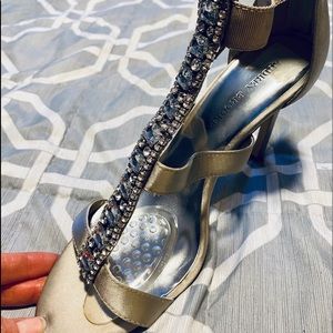Audrey Brooke. Silver,silk rhinestone heels. Sz 10